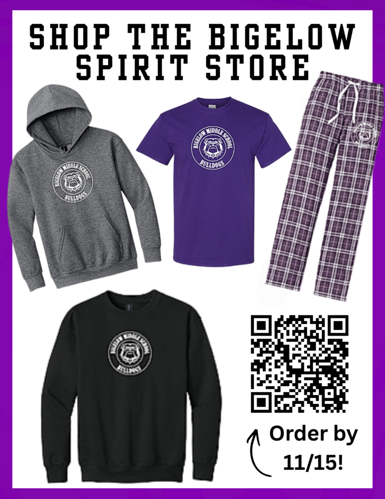 Pictures of items from the School Store - hoodie, t-shirt, PJ pants and qr code to order. 